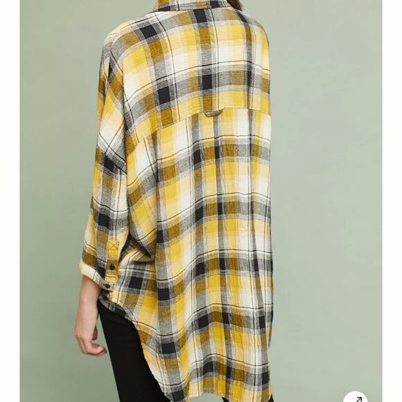 Anthropologie Maeve Floral Embroidered Yellow Plaid Longline Flannel Tunic XS - Picture 4 of 12
